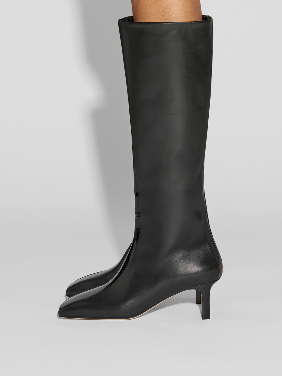 Aeyde | Bita Stripe Leather Knee High Boots for Women | Black Calf/Patent | Square Toe | Mid Heel | How to Style