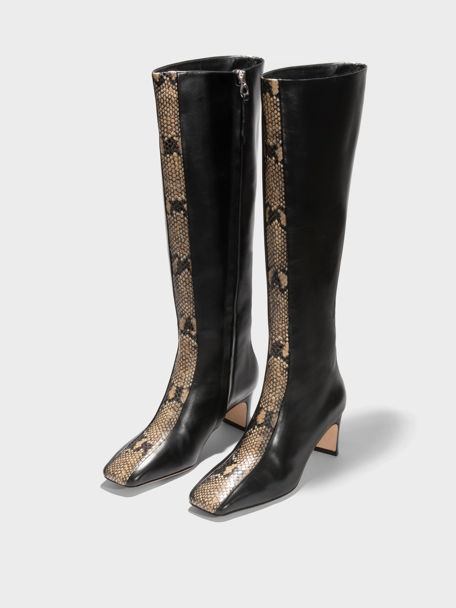 Aeyde | Bita Stripe Leather Knee High Boots for Women | Black/Hazelnut Calf/Snake | Square Toe | Mid Heel | Luxury Materials | Handmade in Italy