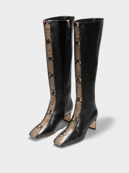 Aeyde | Bita Stripe Leather Knee High Boots for Women | Black/Hazelnut Calf/Snake | Square Toe | Mid Heel | Luxury Materials | Handmade in Italy