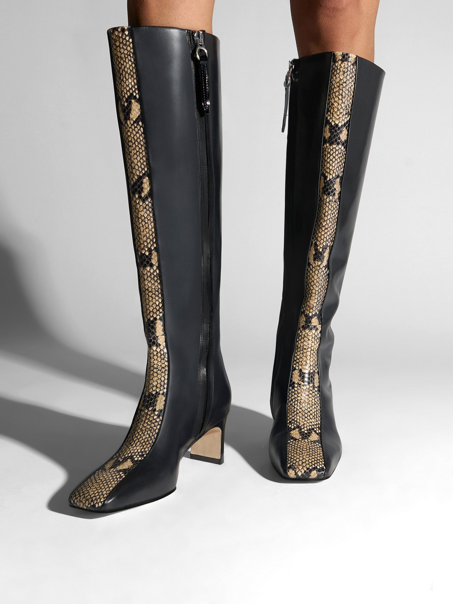 Aeyde | Bita Stripe Leather Knee High Boots for Women | Black/Hazelnut Calf/Snake | Square Toe | Mid Heel | On Feet