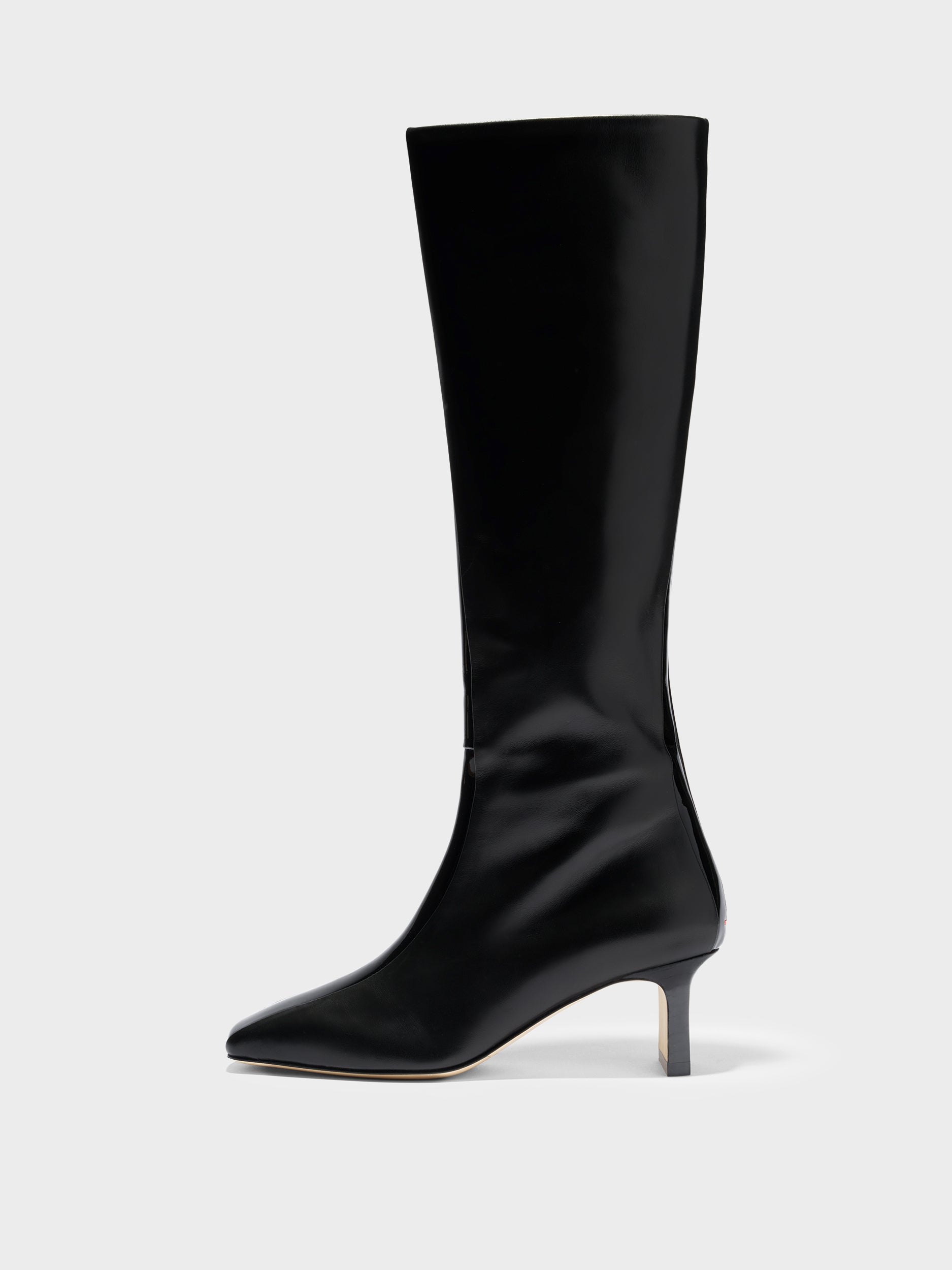 Aeyde | Bita Stripe Leather Knee High Boots for Women | Black Calf/Patent | Square Toe | Mid Heel | Side View