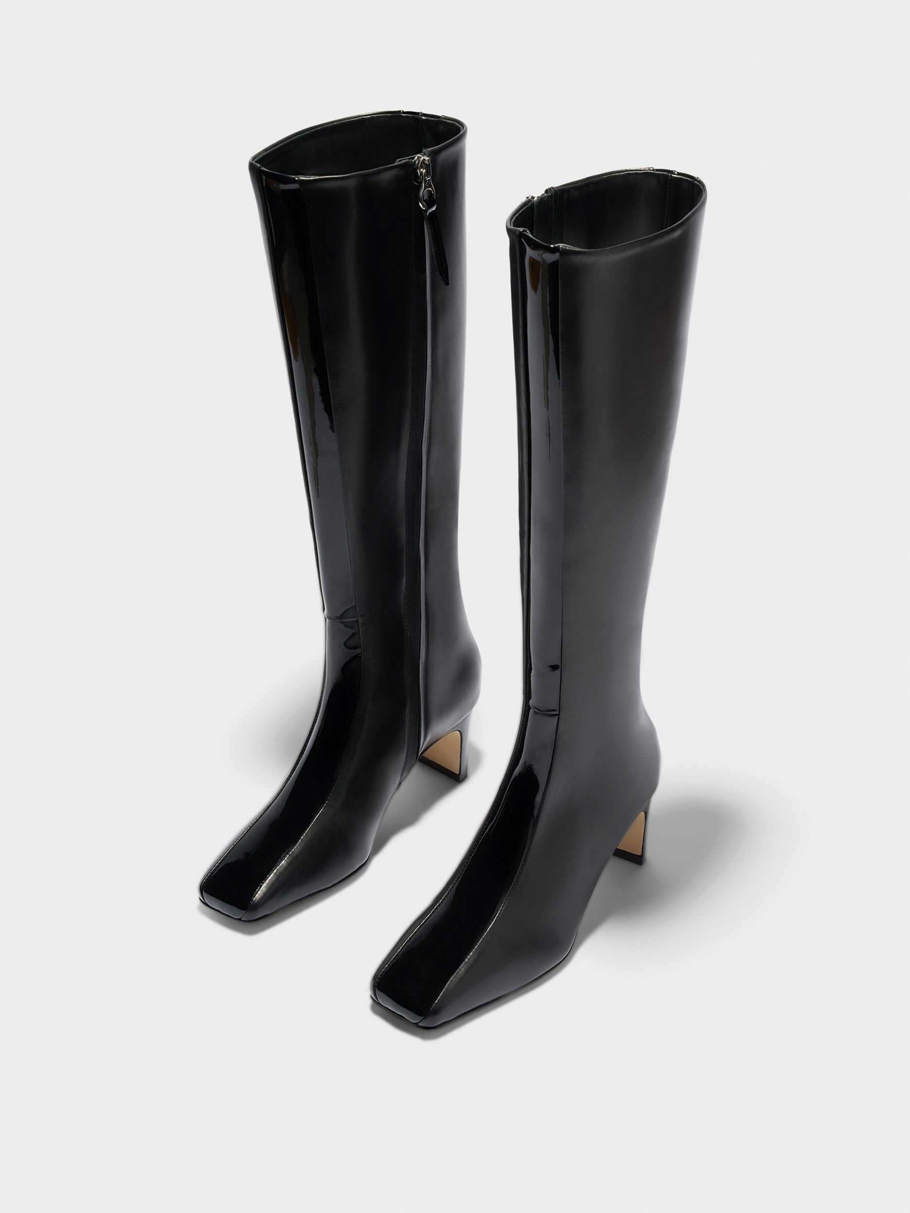 Aeyde | Bita Stripe Leather Knee High Boots for Women | Black Calf/Patent | Square Toe | Mid Heel | Luxury Materials | Handmade in Italy