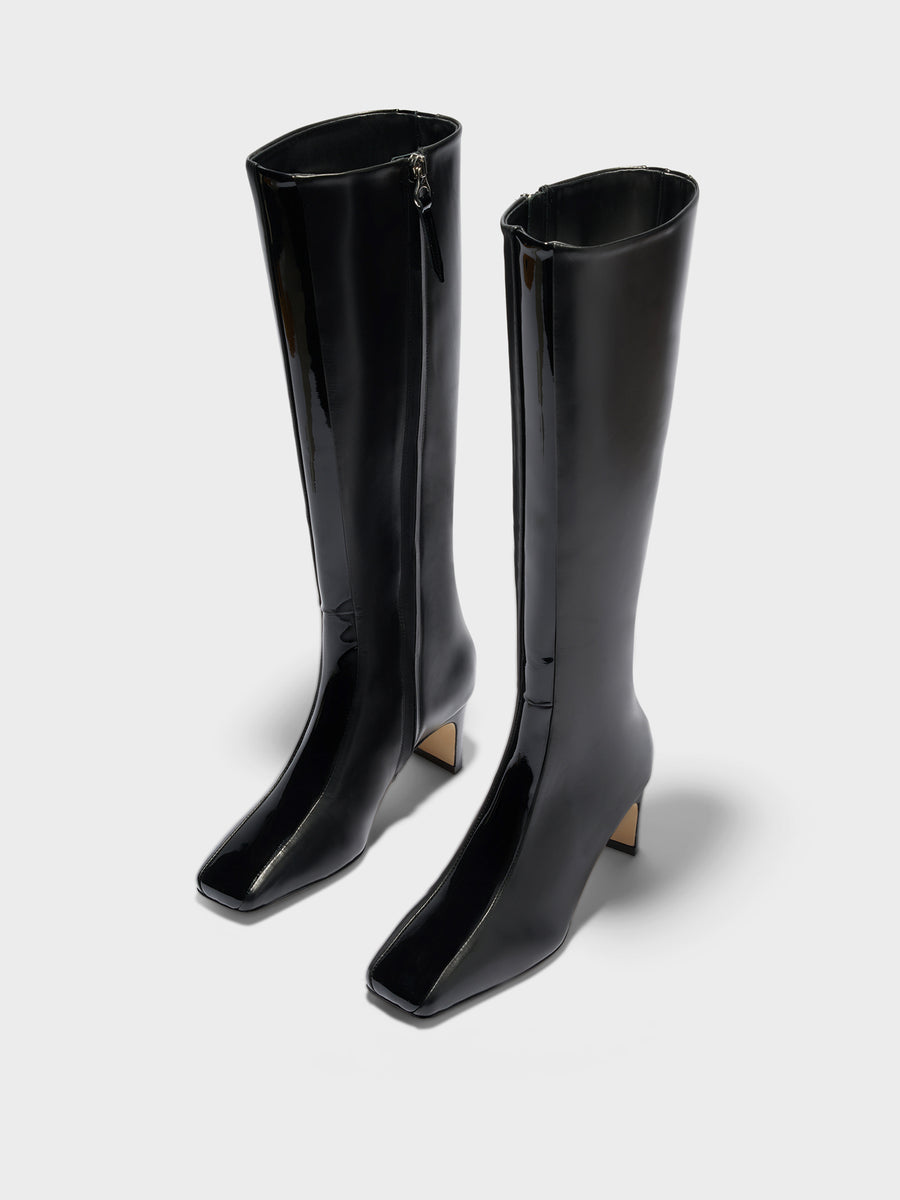 Aeyde | Bita Stripe Leather Knee High Boots for Women | Black Calf/Patent | Square Toe | Mid Heel | Luxury Materials | Handmade in Italy