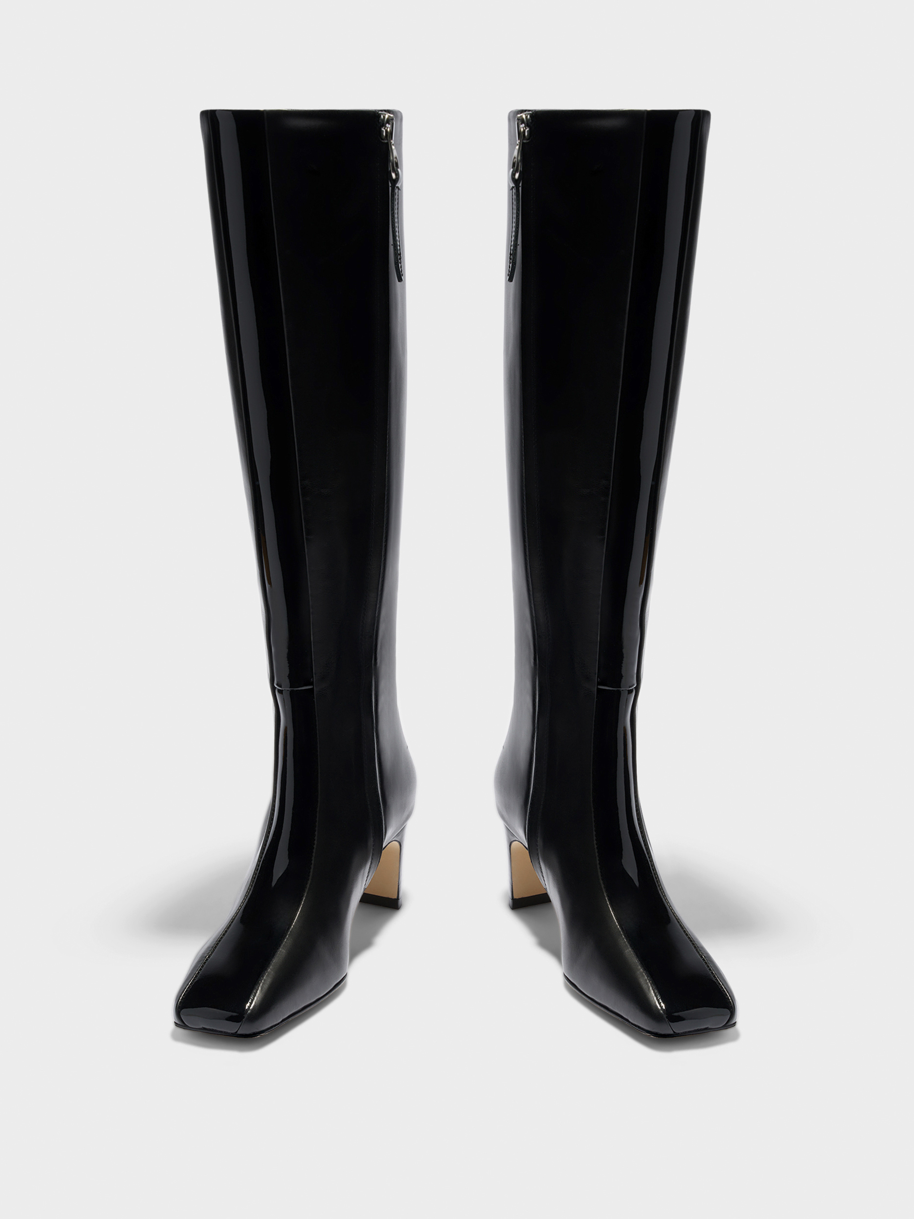 Aeyde | Bita Stripe Leather Knee High Boots for Women | Black Calf/Patent | Square Toe | Mid Heel | Heel Details