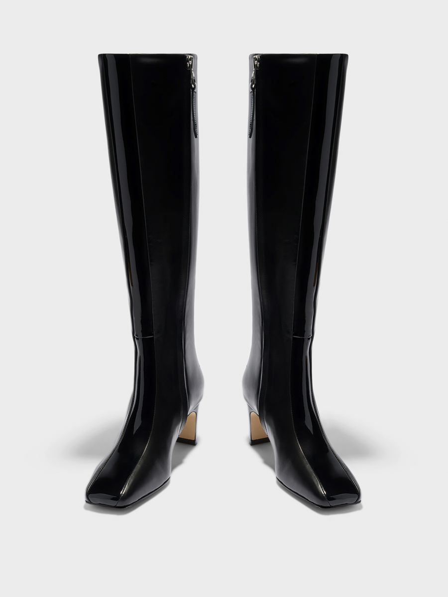 Aeyde | Bita Stripe Leather Knee High Boots for Women | Black Calf/Patent | Square Toe | Mid Heel | Heel Details