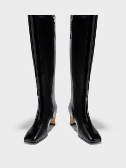 Aeyde | Bita Stripe Leather Knee High Boots for Women | Black Calf/Patent | Square Toe | Mid Heel | Heel Details