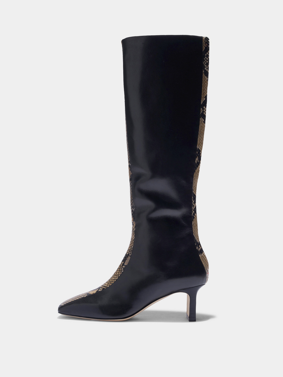 Aeyde | Bita Stripe Leather Knee High Boots for Women | Black/Hazelnut Calf/Snake | Square Toe | Mid Heel | Side View