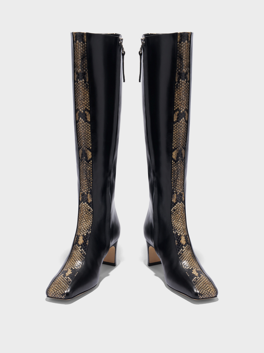 Aeyde | Bita Stripe Leather Knee High Boots for Women | Black/Hazelnut Calf/Snake | Square Toe | Mid Heel | Heel Details