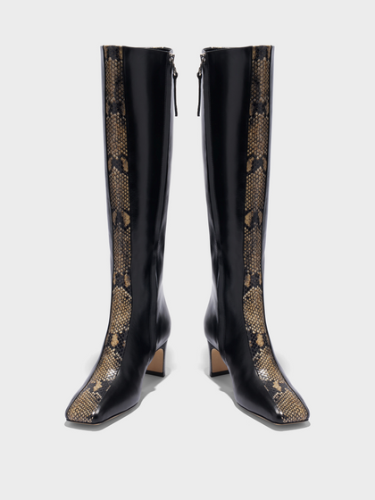 Aeyde | Bita Stripe Leather Knee High Boots for Women | Black/Hazelnut Calf/Snake | Square Toe | Mid Heel | Heel Details