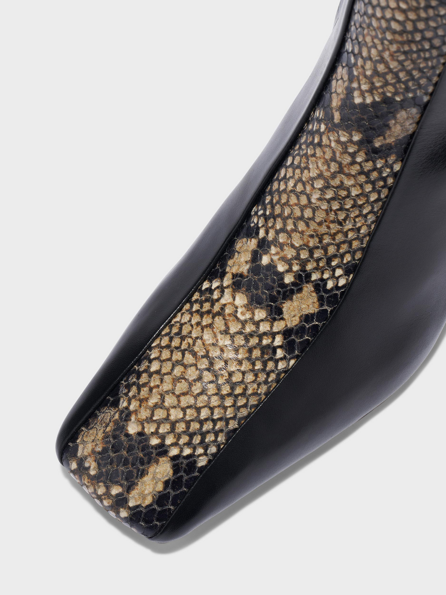 Aeyde | Bita Stripe Leather Knee High Boots for Women | Black/Hazelnut Calf/Snake | Square Toe | Mid Heel | Front View