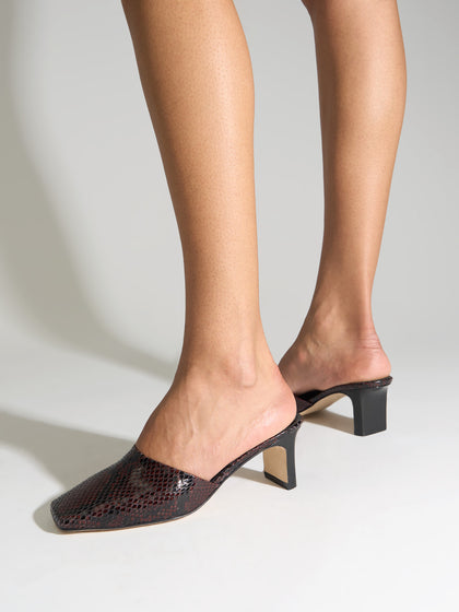 Aeyde | Blithe Square-Toe Mules Leather Pumps for Women | Port Snake | Square Toe | Mid Heel | On Feet