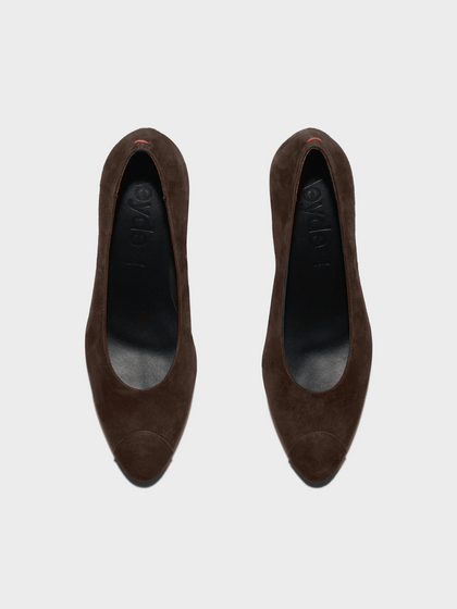 Aeyde | Calea Cap Leather Pumps for Women | Moka Suede | Round Toe | Mid Heel | Heel Details