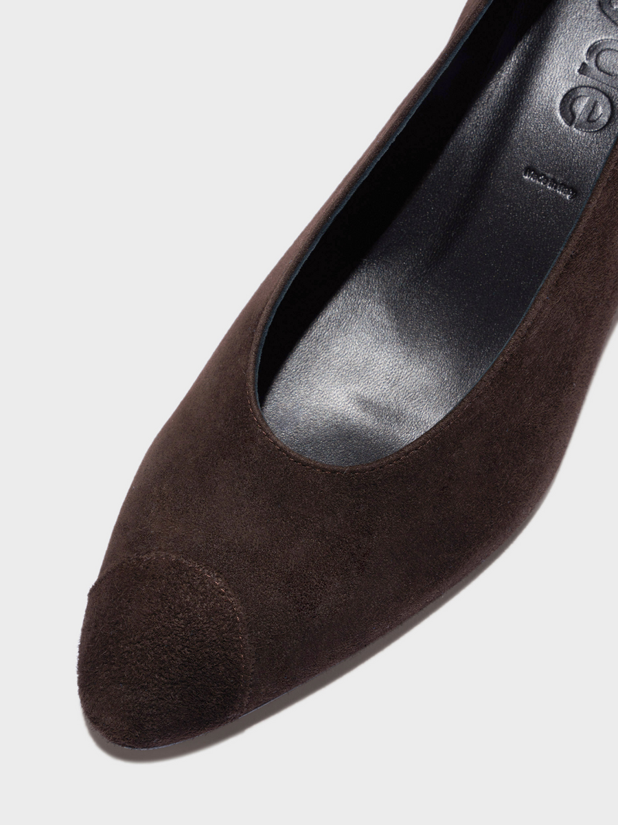 Aeyde | Calea Cap Leather Pumps for Women | Moka Suede | Round Toe | Mid Heel | Front View