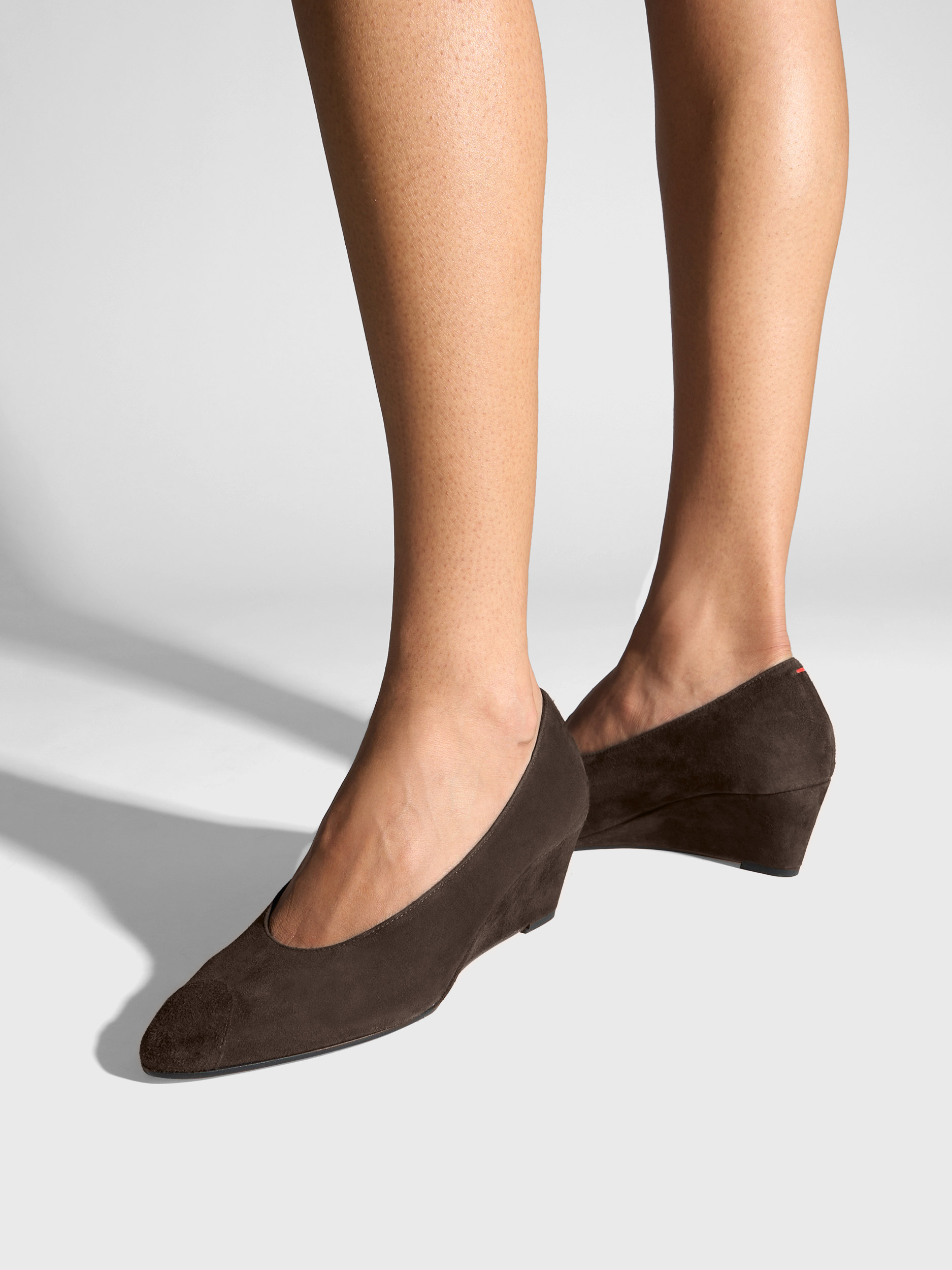 Aeyde | Calea Cap Leather Pumps for Women | Moka Suede | Round Toe | Mid Heel | On Feet