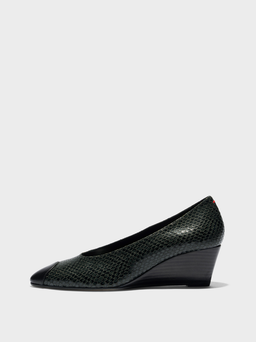 Aeyde | Calea Cap Leather Pumps for Women | Moss/Black Mini Snake/Nappa | Round Toe | Mid Heel | Side View