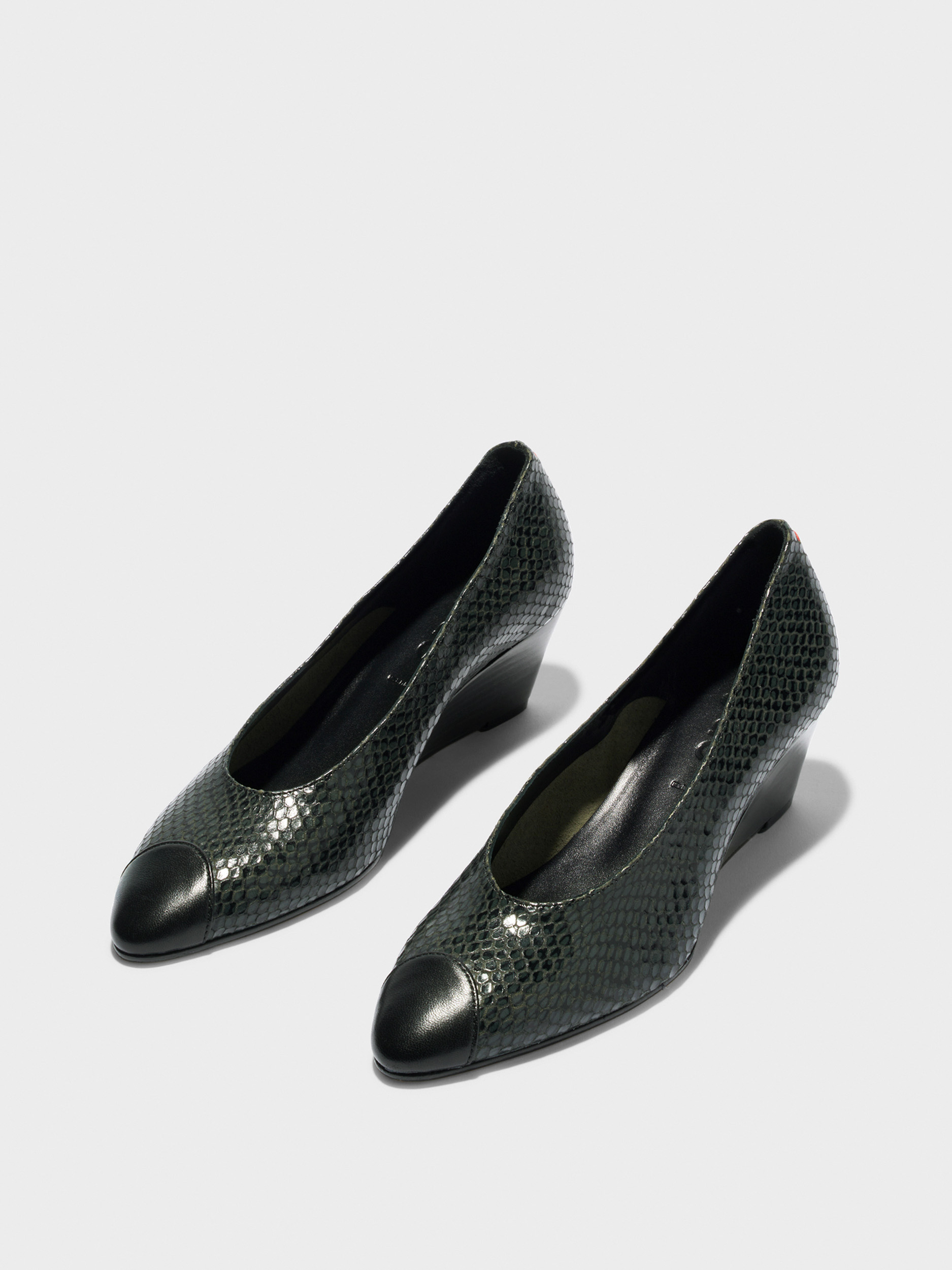 Aeyde | Calea Cap Leather Pumps for Women | Moss/Black Mini Snake/Nappa | Round Toe | Mid Heel | Luxury Materials | Handmade in Italy
