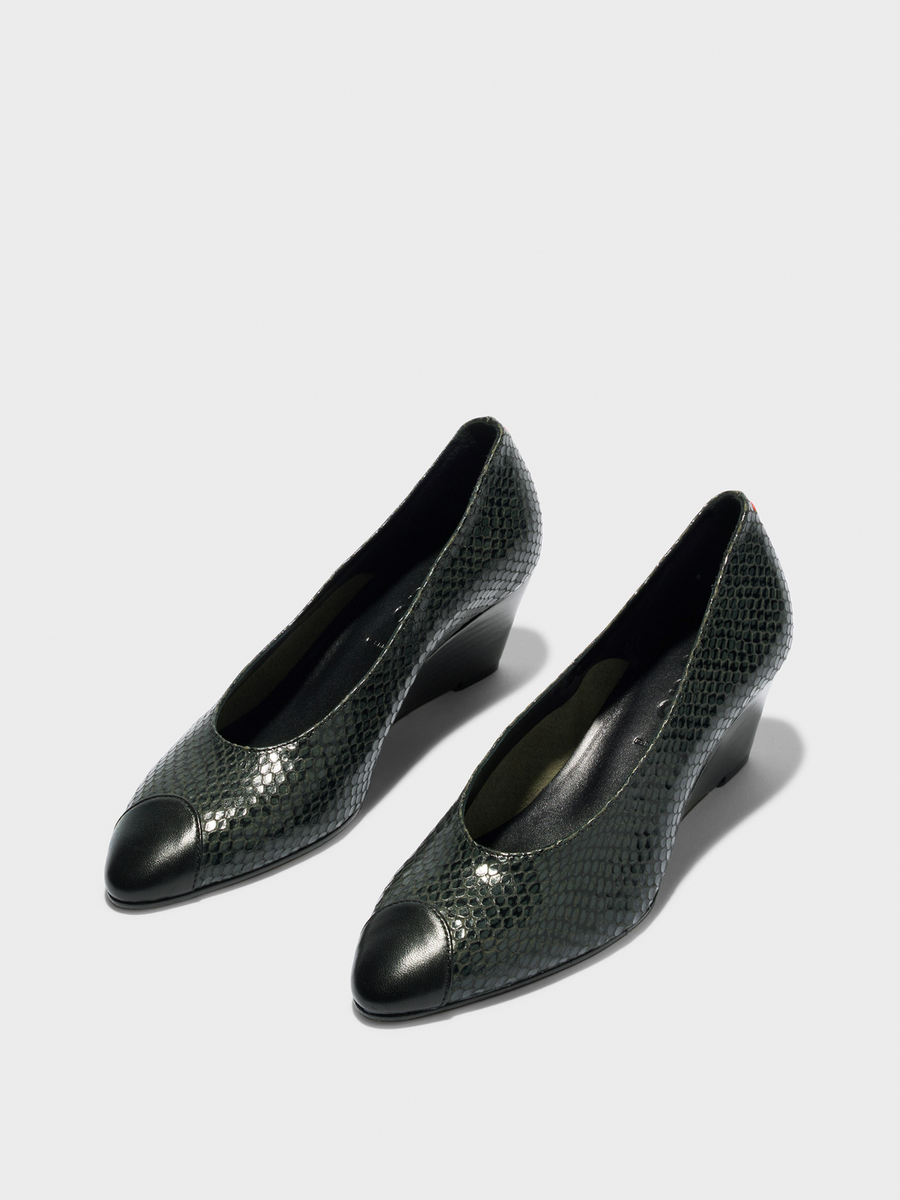 Aeyde | Calea Cap Leather Pumps for Women | Moss/Black Mini Snake/Nappa | Round Toe | Mid Heel | Luxury Materials | Handmade in Italy