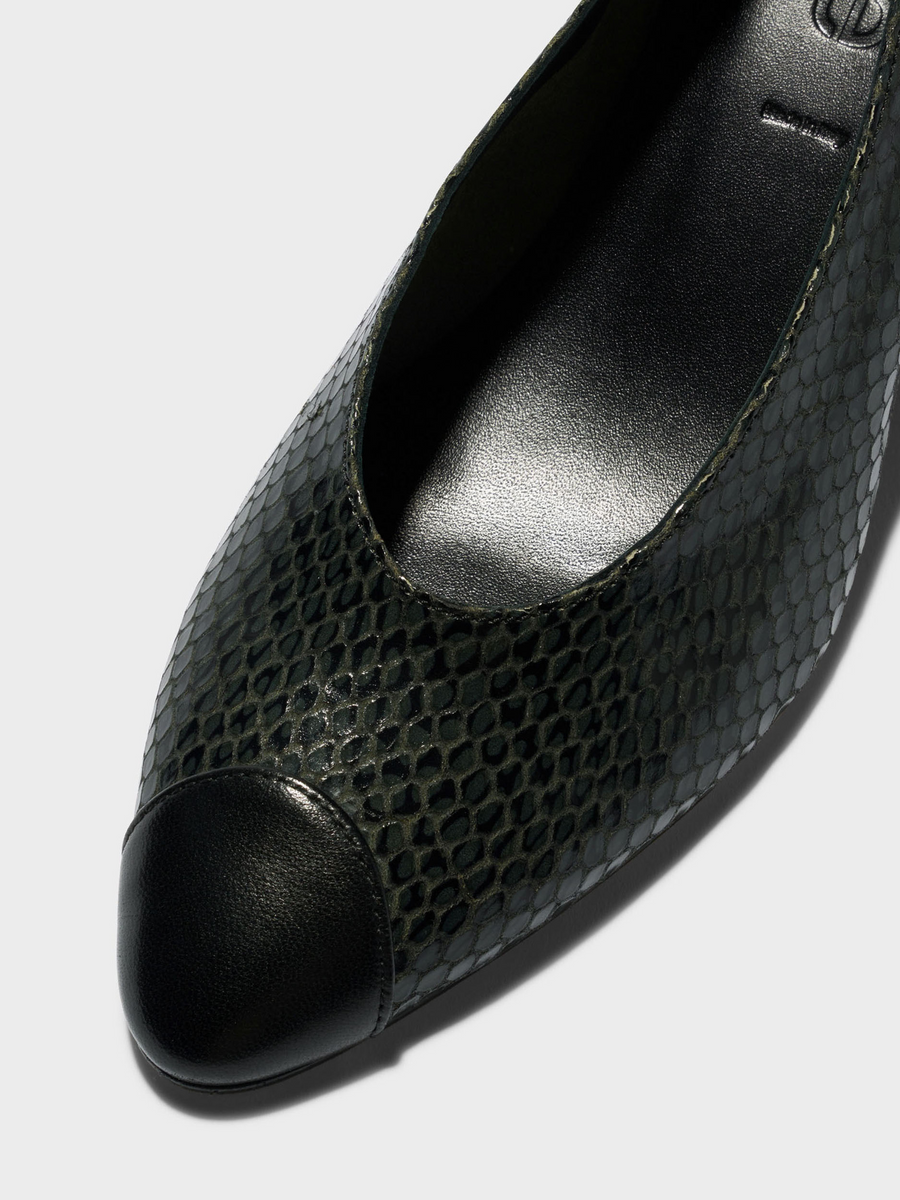 Aeyde | Calea Cap Leather Pumps for Women | Moss/Black Mini Snake/Nappa | Round Toe | Mid Heel | Heel Details