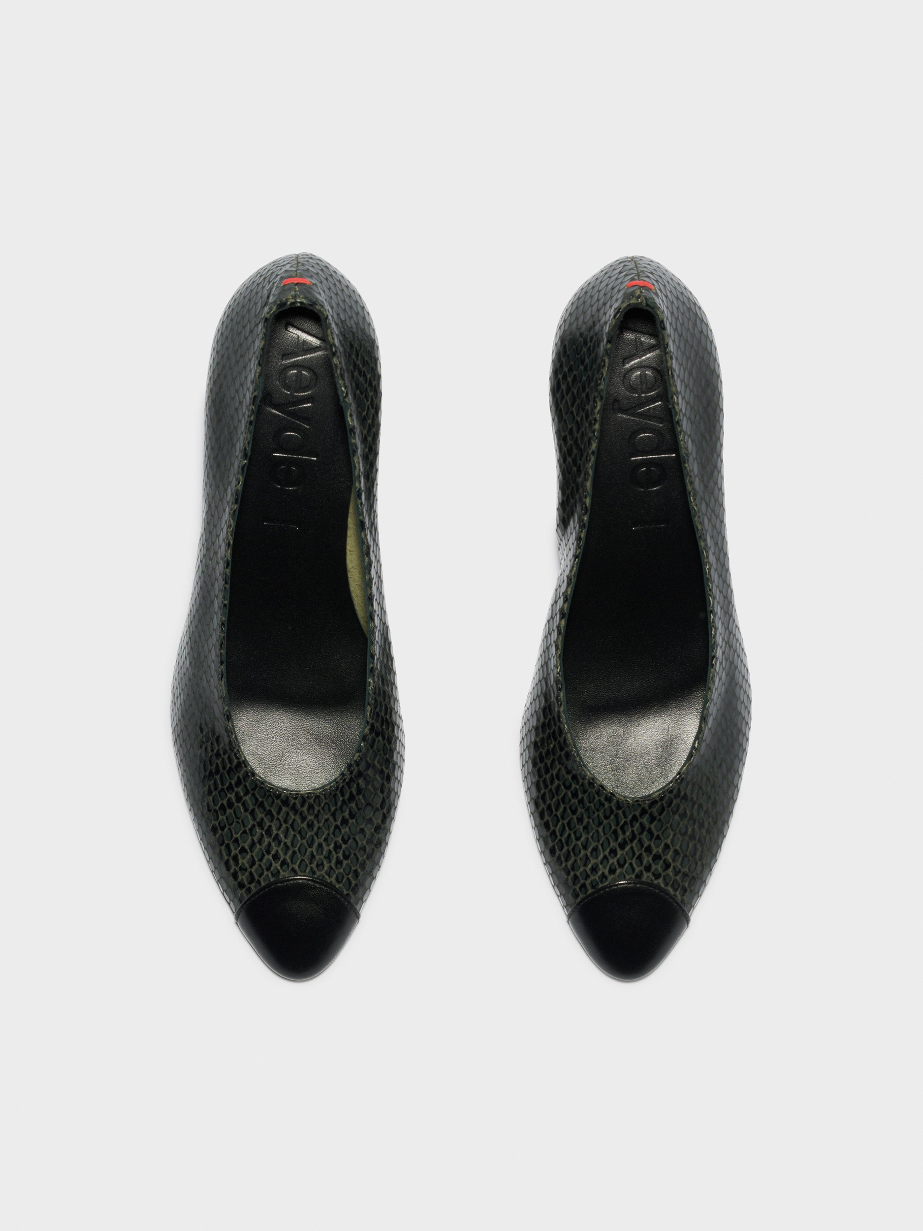 Aeyde | Calea Cap Leather Pumps for Women | Moss/Black Mini Snake/Nappa | Round Toe | Mid Heel | Front View