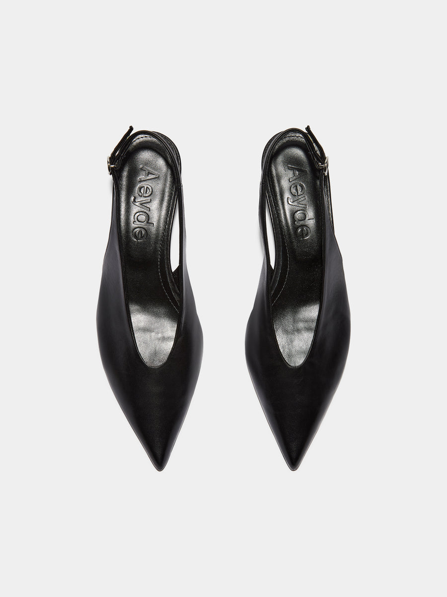 Aeyde | Camila Leather Pumps for Women | Black Nappa | Pointed Toe | Mid Heel | Front View