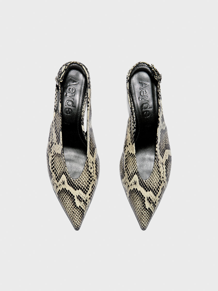 Aeyde | Camila Leather Pumps for Women | Creamy Snake | Pointed Toe | Mid Heel | Front View