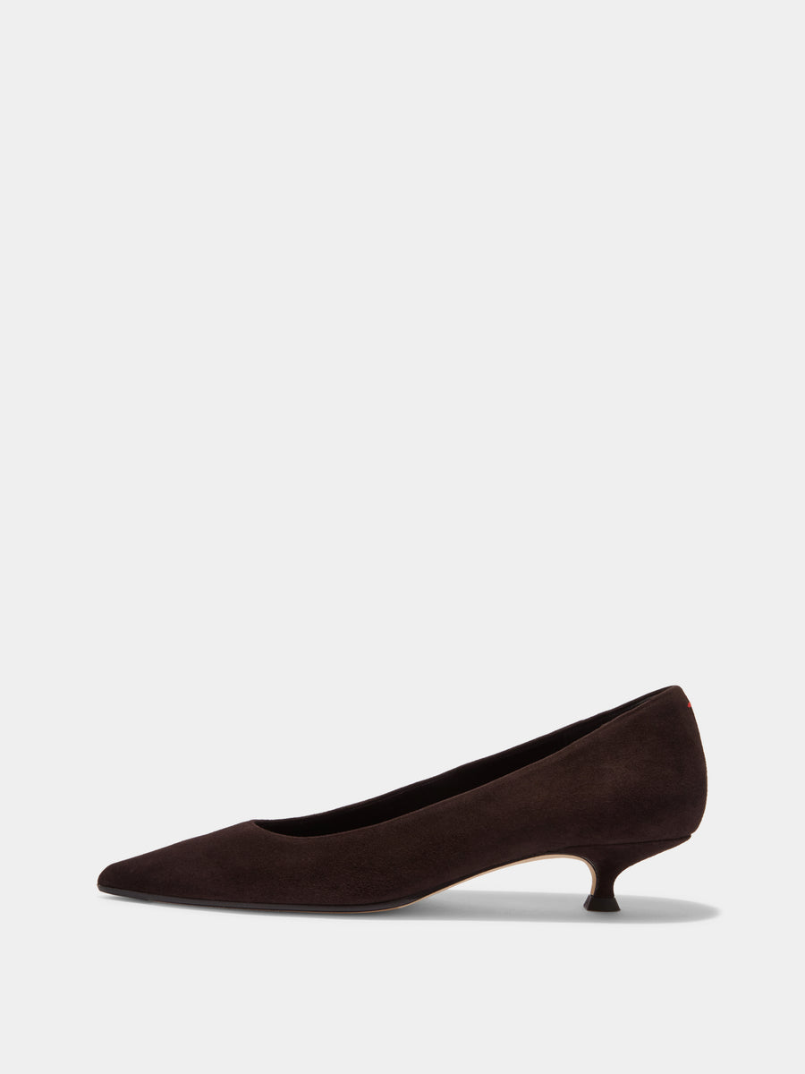 Aeyde | Cari Leather Pumps for Women | Moka Suede | Pointed Toe | Mid Heel | Side View