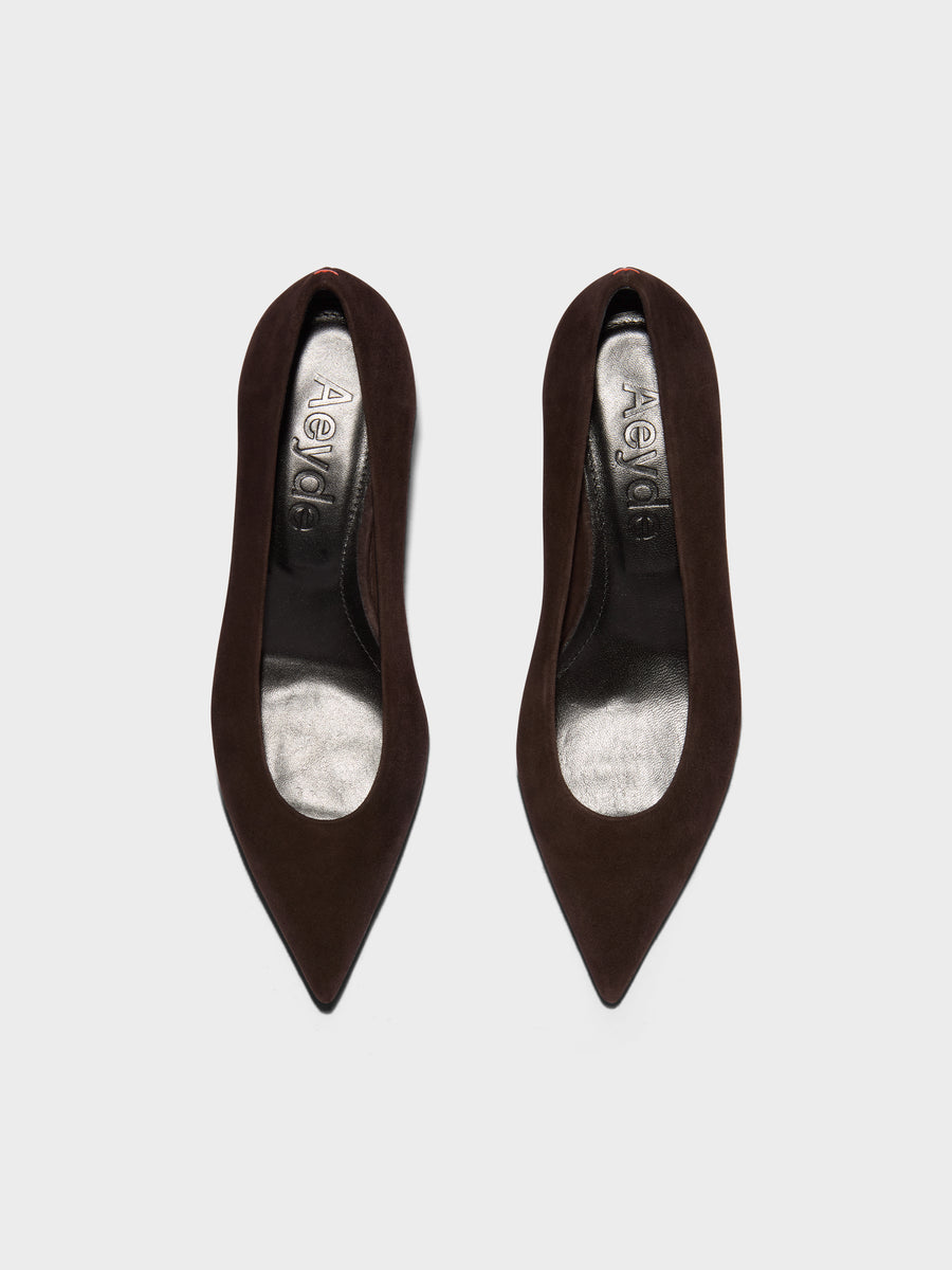 Aeyde | Cari Leather Pumps for Women | Moka Suede | Pointed Toe | Mid Heel | Front View