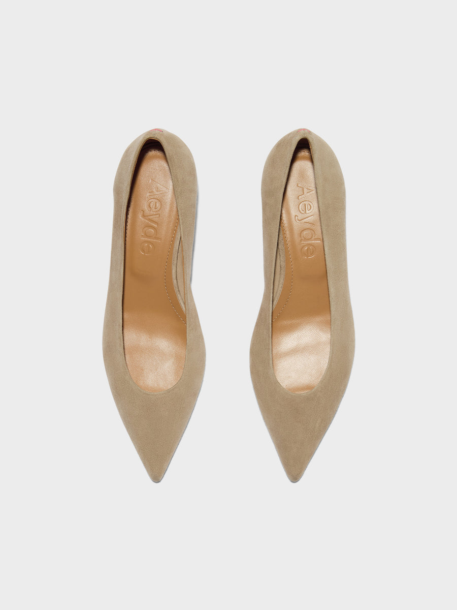 Aeyde | Cari Leather Pumps for Women | Sand Suede | Pointed Toe | Mid Heel | Front View