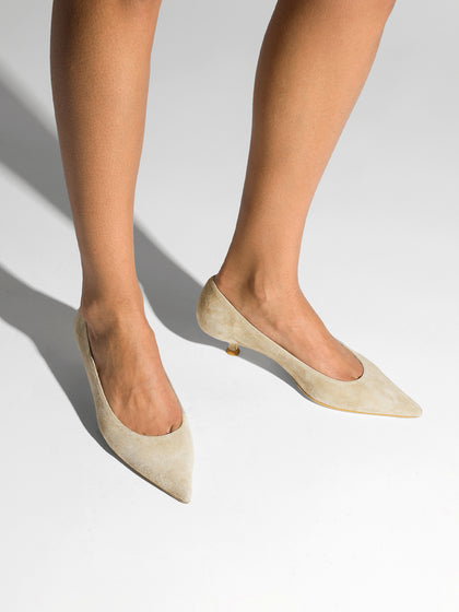 Aeyde | Cari Leather Pumps for Women | Sand Suede | Pointed Toe | Mid Heel | On Feet