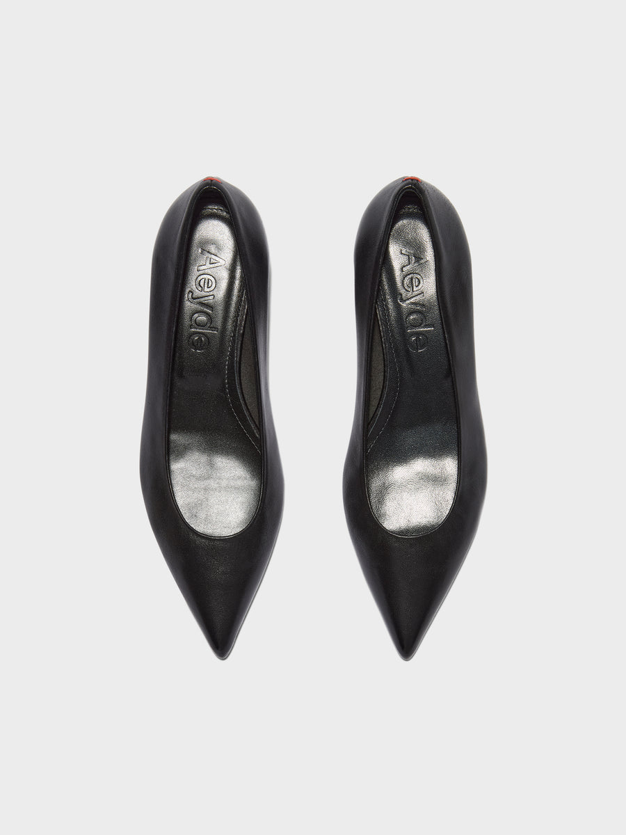 Aeyde | Cari Leather Pumps for Women | Black Nappa | Pointed Toe | Mid Heel | Front View
