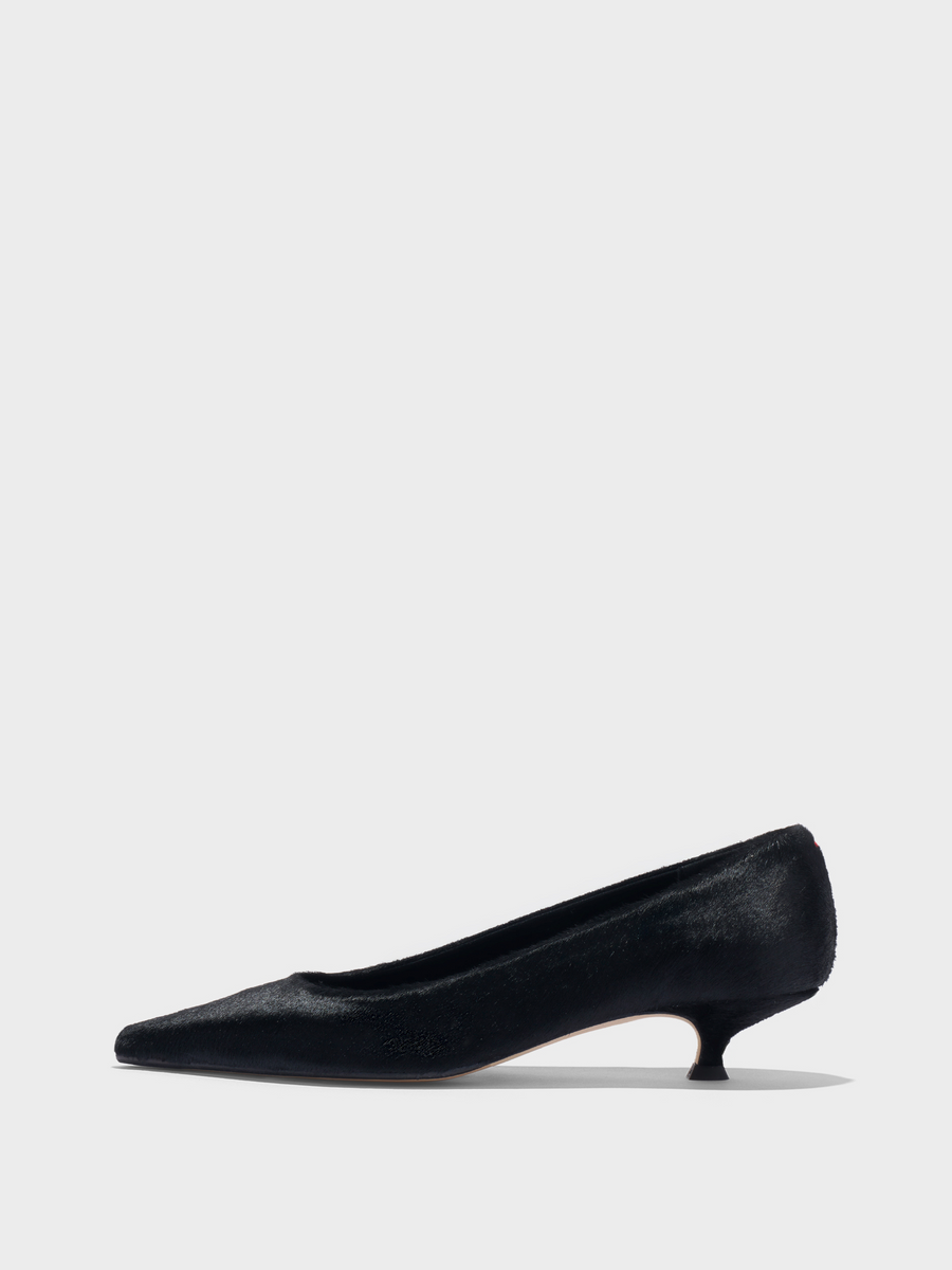 Aeyde | Cari Pony Hair Pumps Leather Pumps for Women | Black Ponyhair | Pointed Toe | Low Heel | Side View