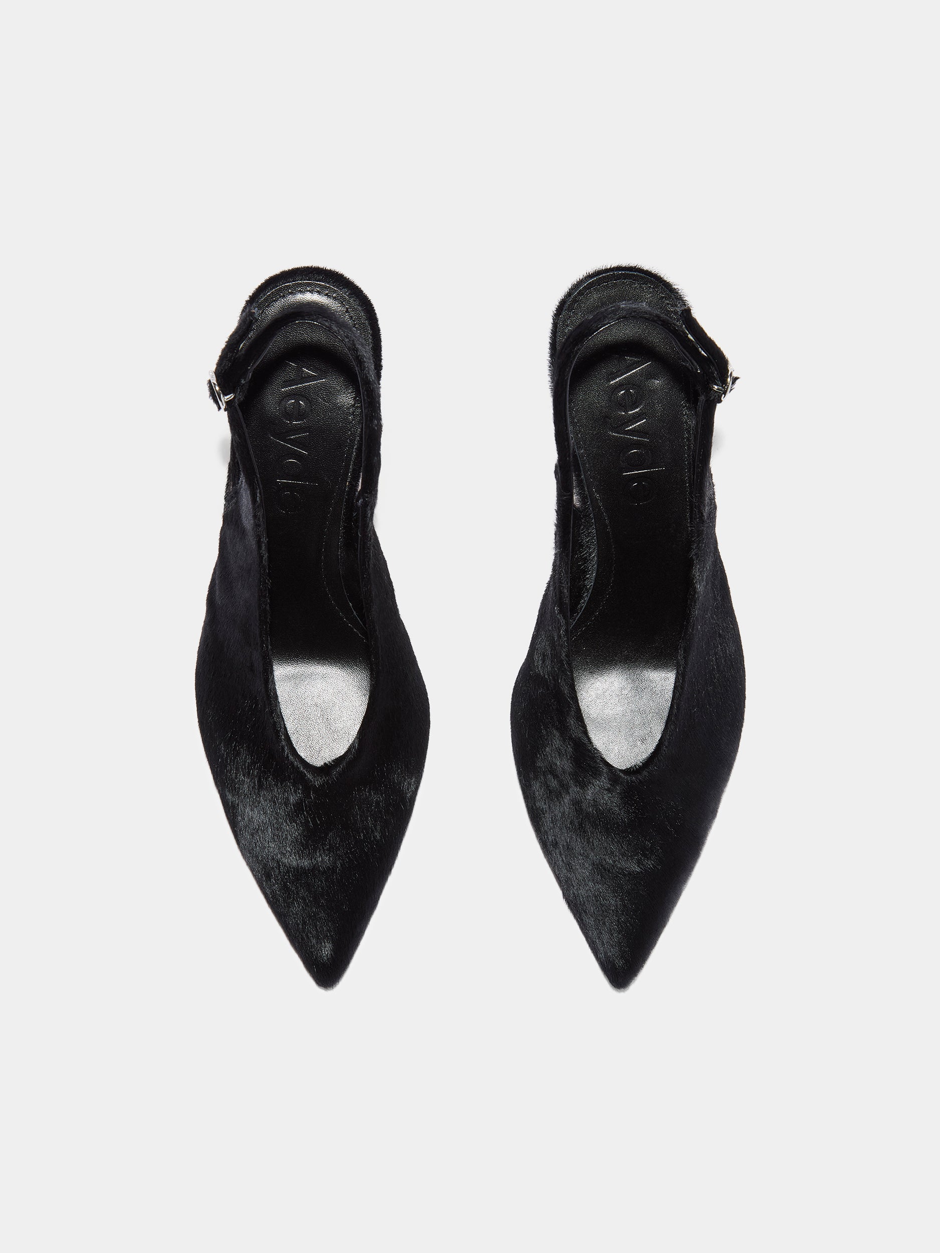 Aeyde | Carla Leather Pumps for Women | Black Ponyhair | Pointed Toe | High Heel | Front View