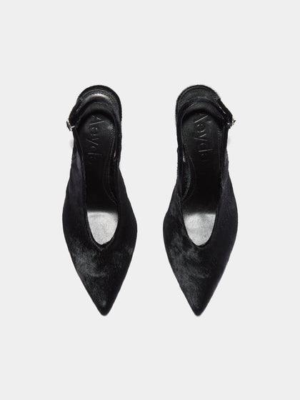 Aeyde | Carla Leather Pumps for Women | Black Ponyhair | Pointed Toe | High Heel | Front View