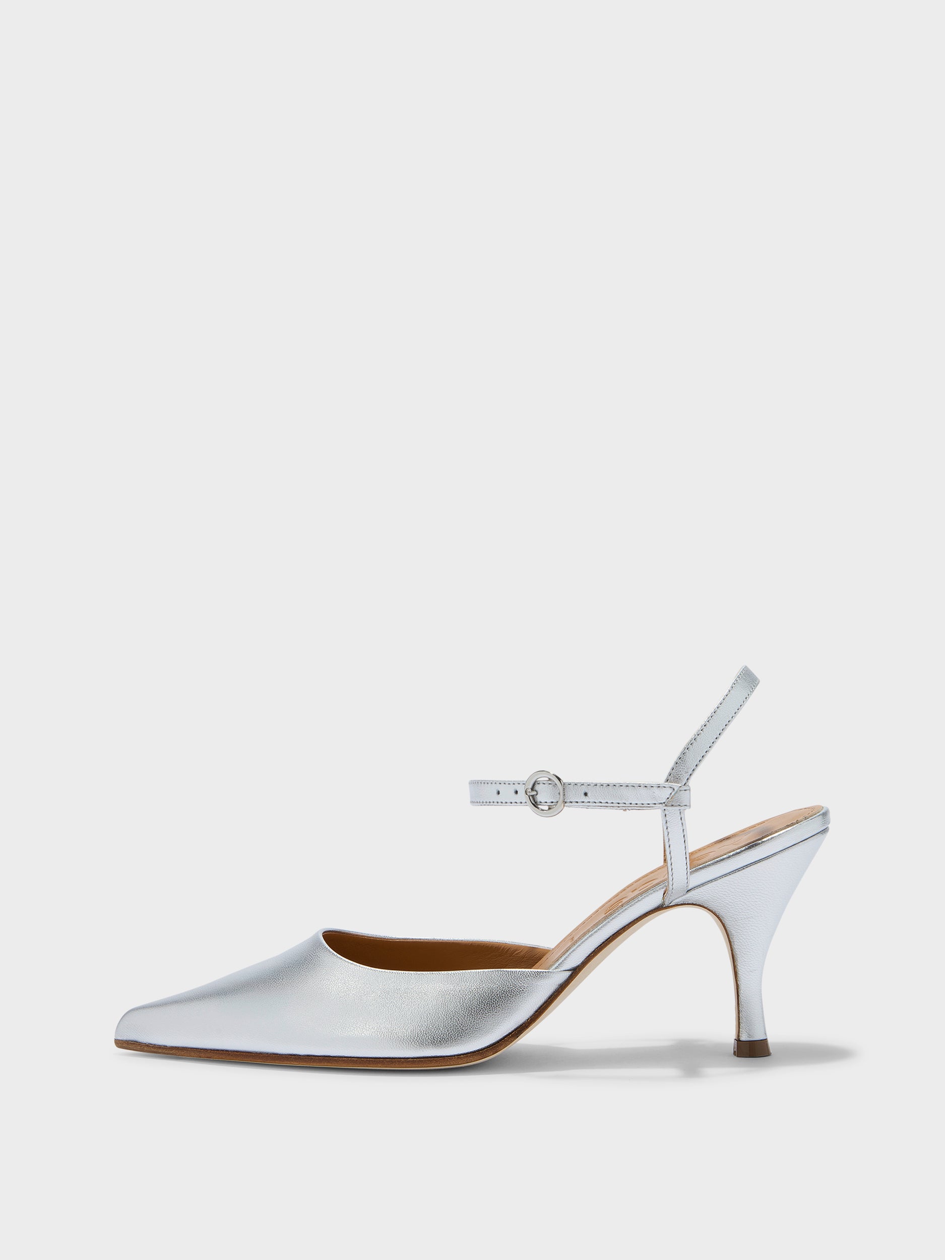 Aeyde | Catelyn Leather Pumps for Women | Silver Laminated Nappa | Pointed Toe | High Heel | Side View