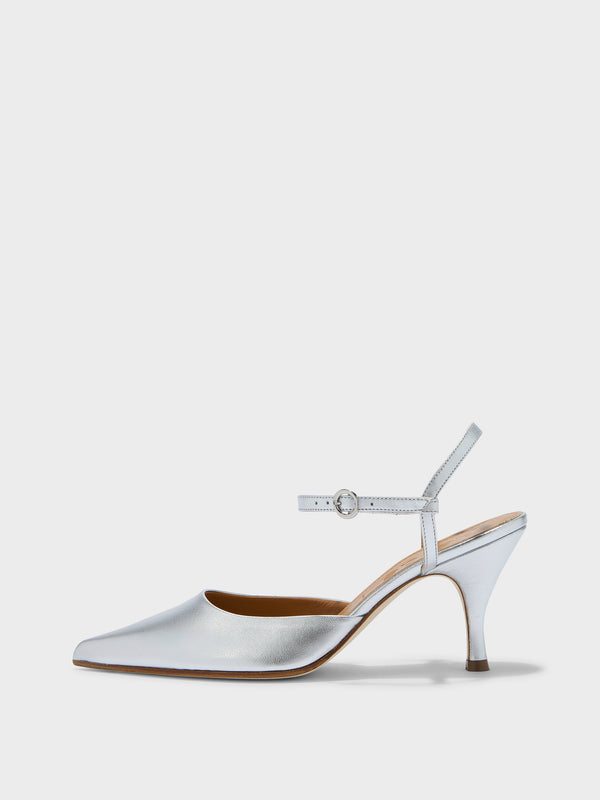 Aeyde | Catelyn Leather Pumps for Women | Silver Laminated Nappa | Pointed Toe | High Heel | Side View