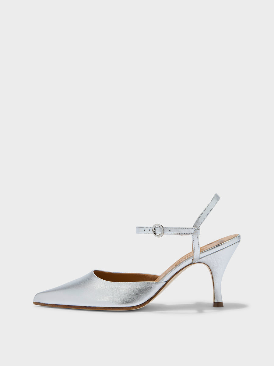 Aeyde | Catelyn Leather Pumps for Women | Silver Laminated Nappa | Pointed Toe | High Heel | Side View