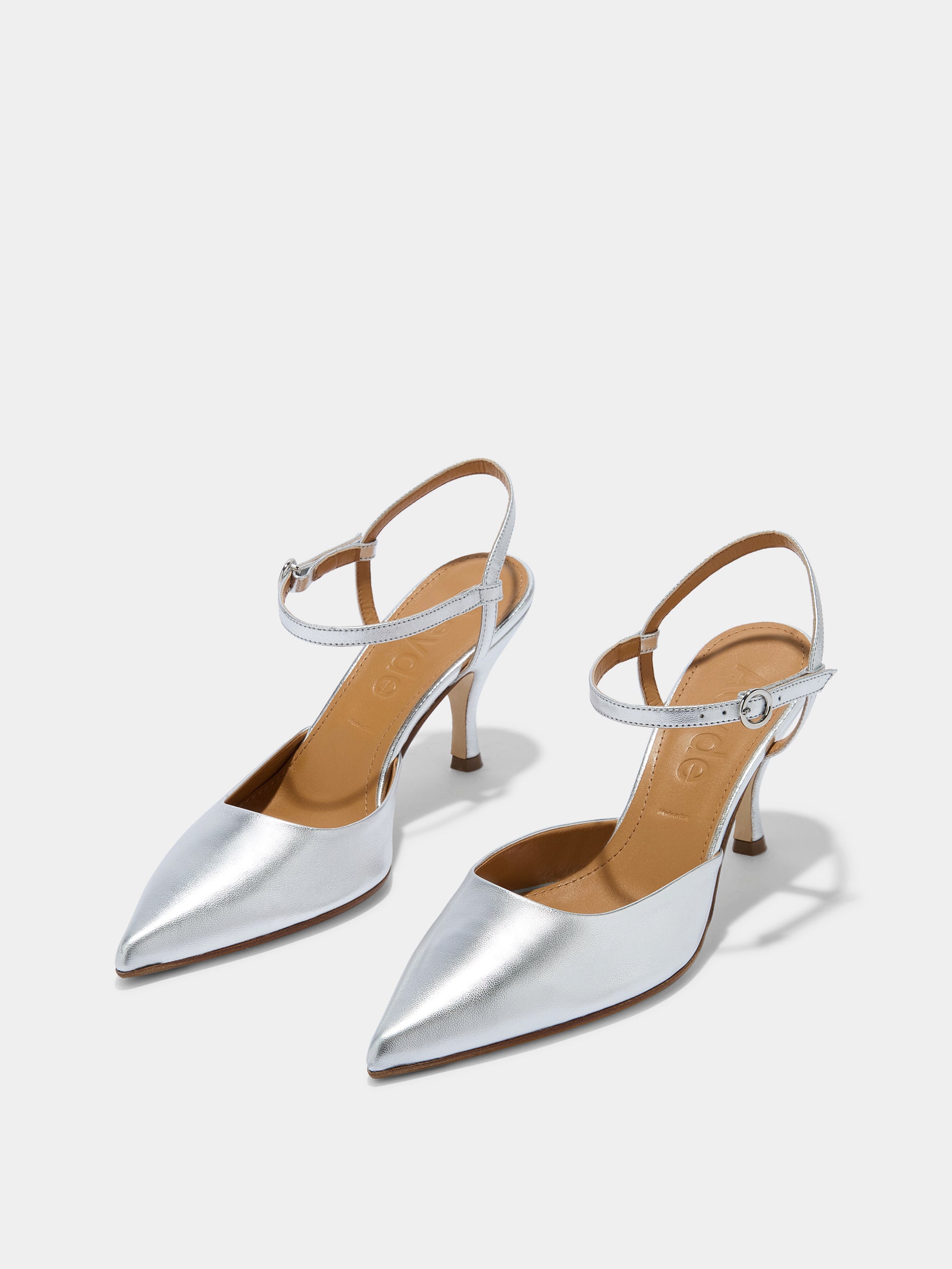 Aeyde | Catelyn Leather Pumps for Women | Silver Laminated Nappa | Pointed Toe | High Heel | Luxury Materials | Handmade in Italy