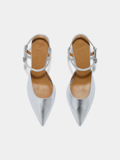 Aeyde | Catelyn Leather Pumps for Women | Silver Laminated Nappa | Pointed Toe | High Heel | Front View