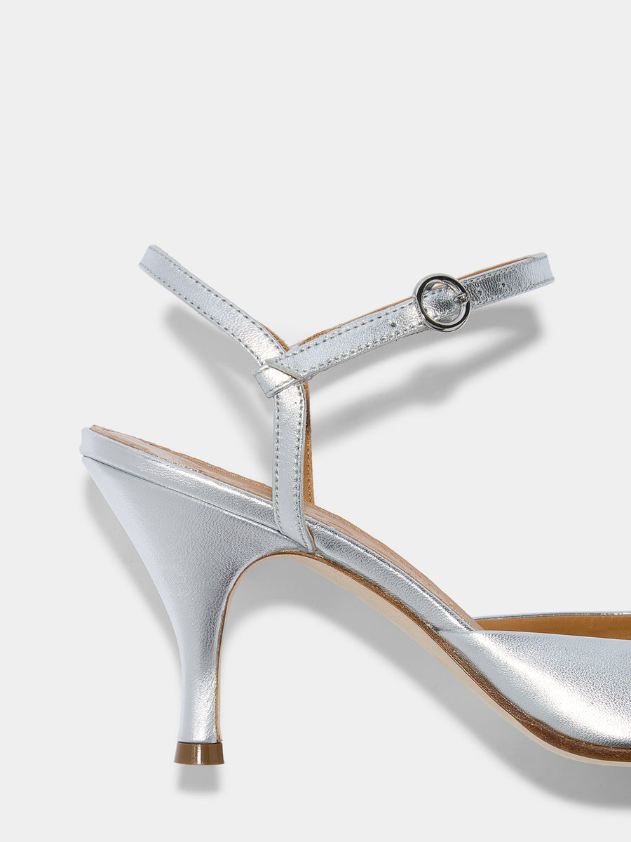 Aeyde | Catelyn Leather Pumps for Women | Silver Laminated Nappa | Pointed Toe | High Heel | Heel Details