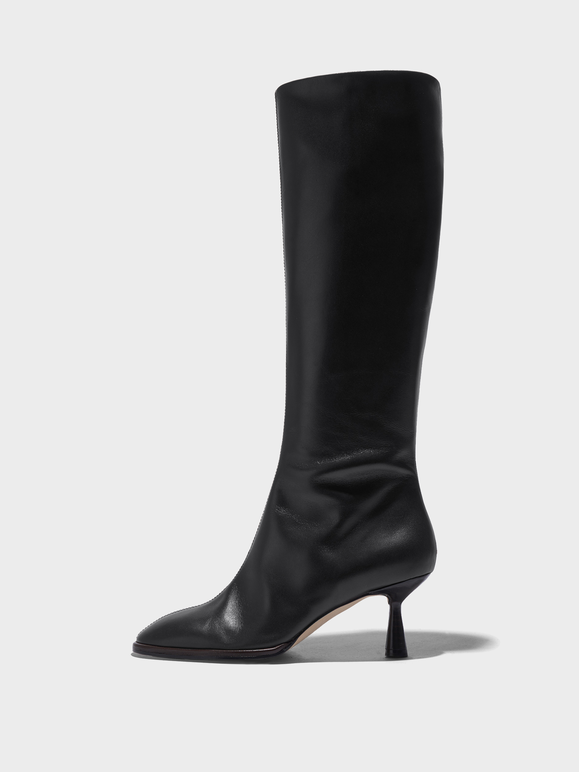 Aeyde | Catherine Knee-High Boots Leather Knee High Boots for Women | Black Calf | Round Toe | Mid Heel | Side View