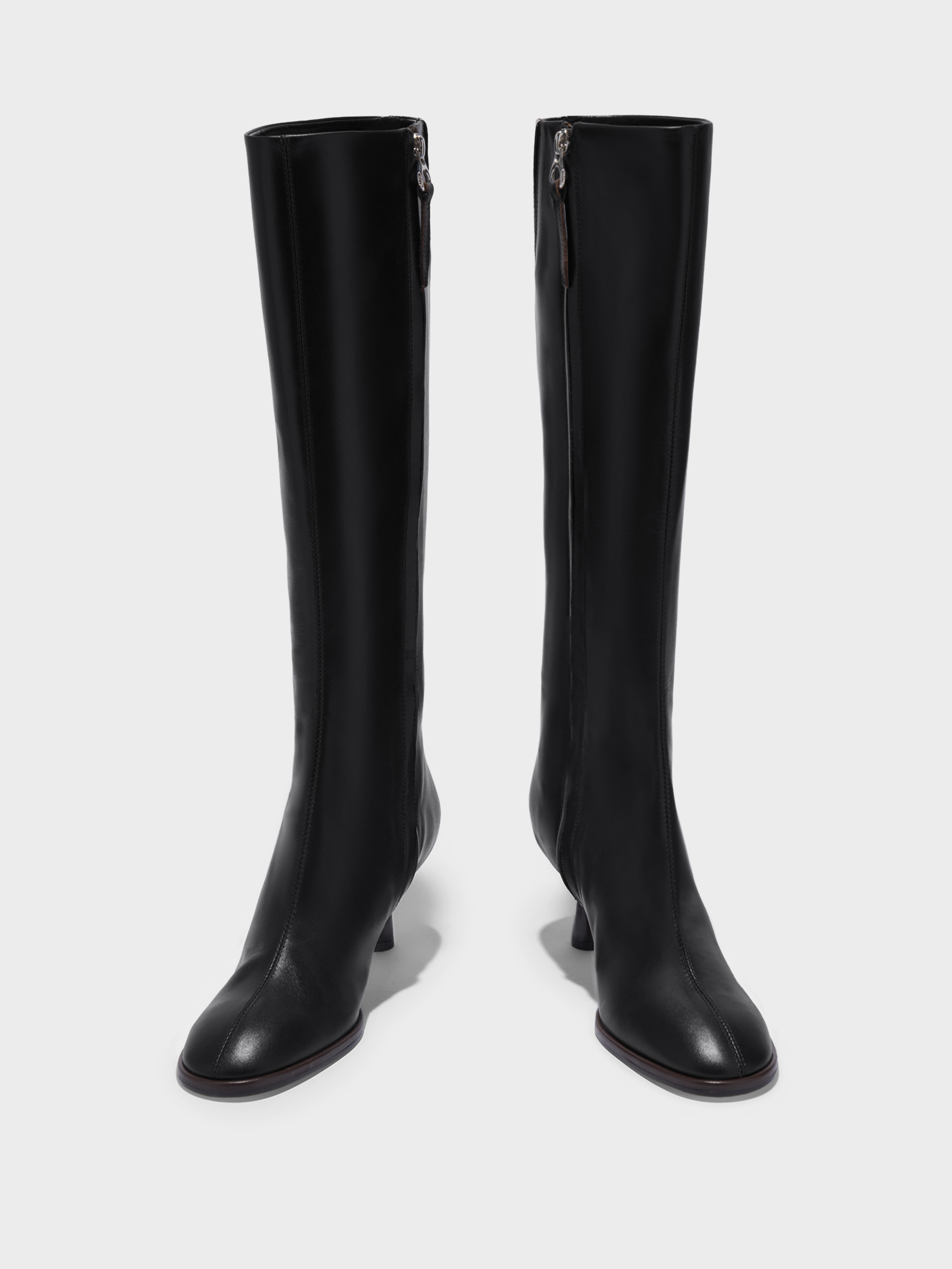 Aeyde | Catherine Knee-High Boots Leather Knee High Boots for Women | Black Calf | Round Toe | Mid Heel | Front View