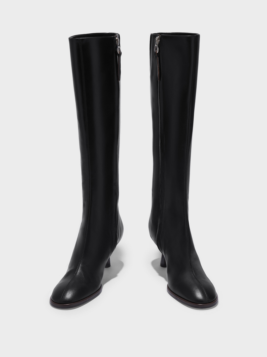 Aeyde | Catherine Knee-High Boots Leather Knee High Boots for Women | Black Calf | Round Toe | Mid Heel | Front View