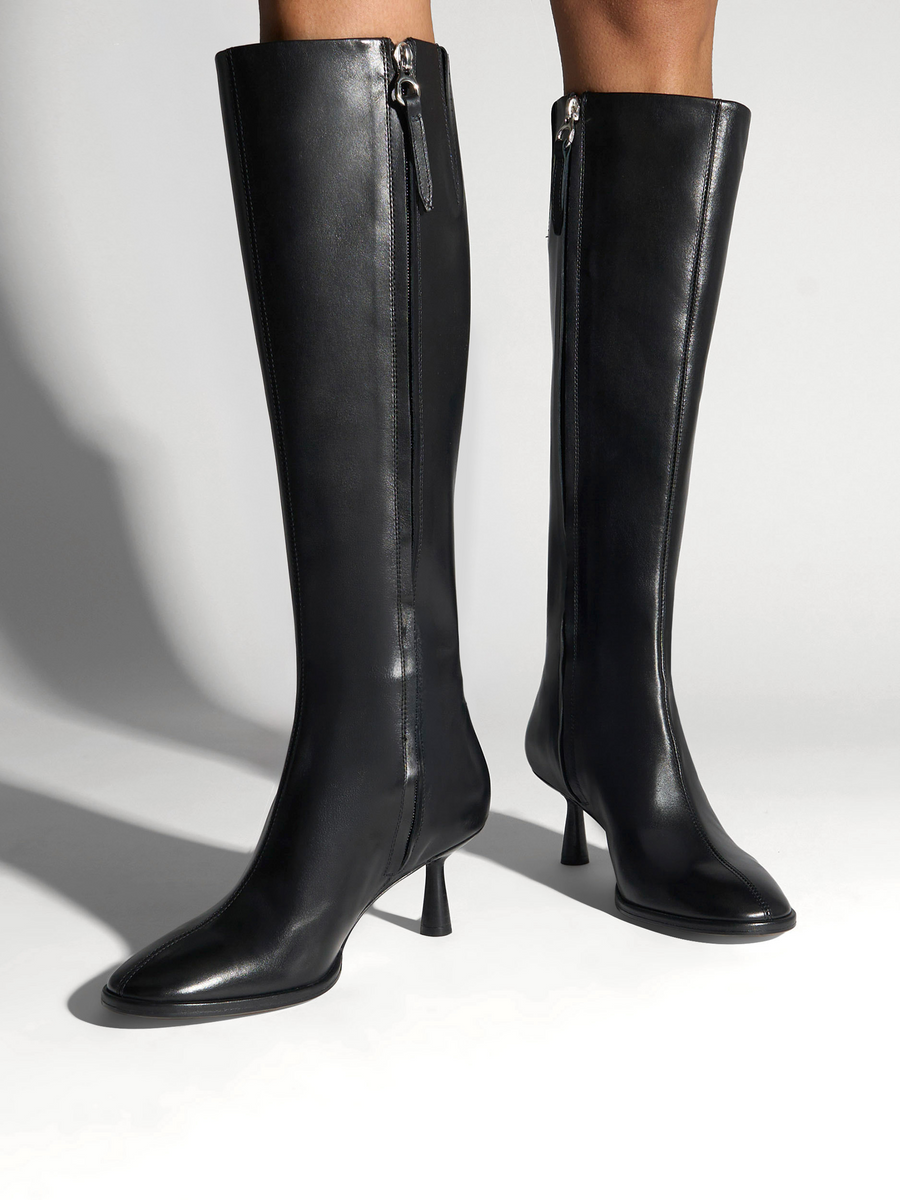 Aeyde | Catherine Knee-High Boots Leather Knee High Boots for Women | Black Calf | Round Toe | Mid Heel | On Feet