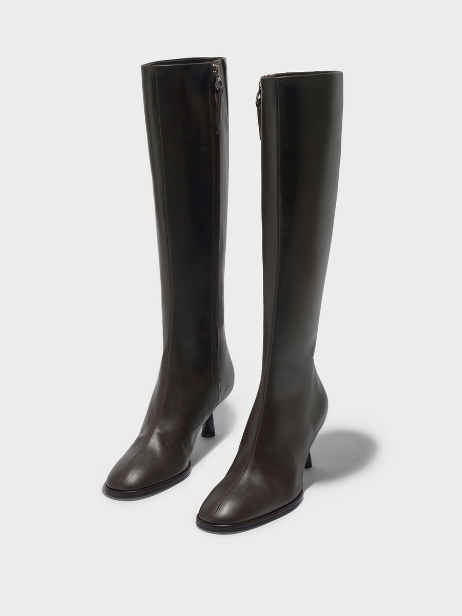 Aeyde | Catherine Knee-High Boots Leather Knee High Boots for Women | Moka Calf | Round Toe | Mid Heel | Luxury Materials | Handmade in Italy