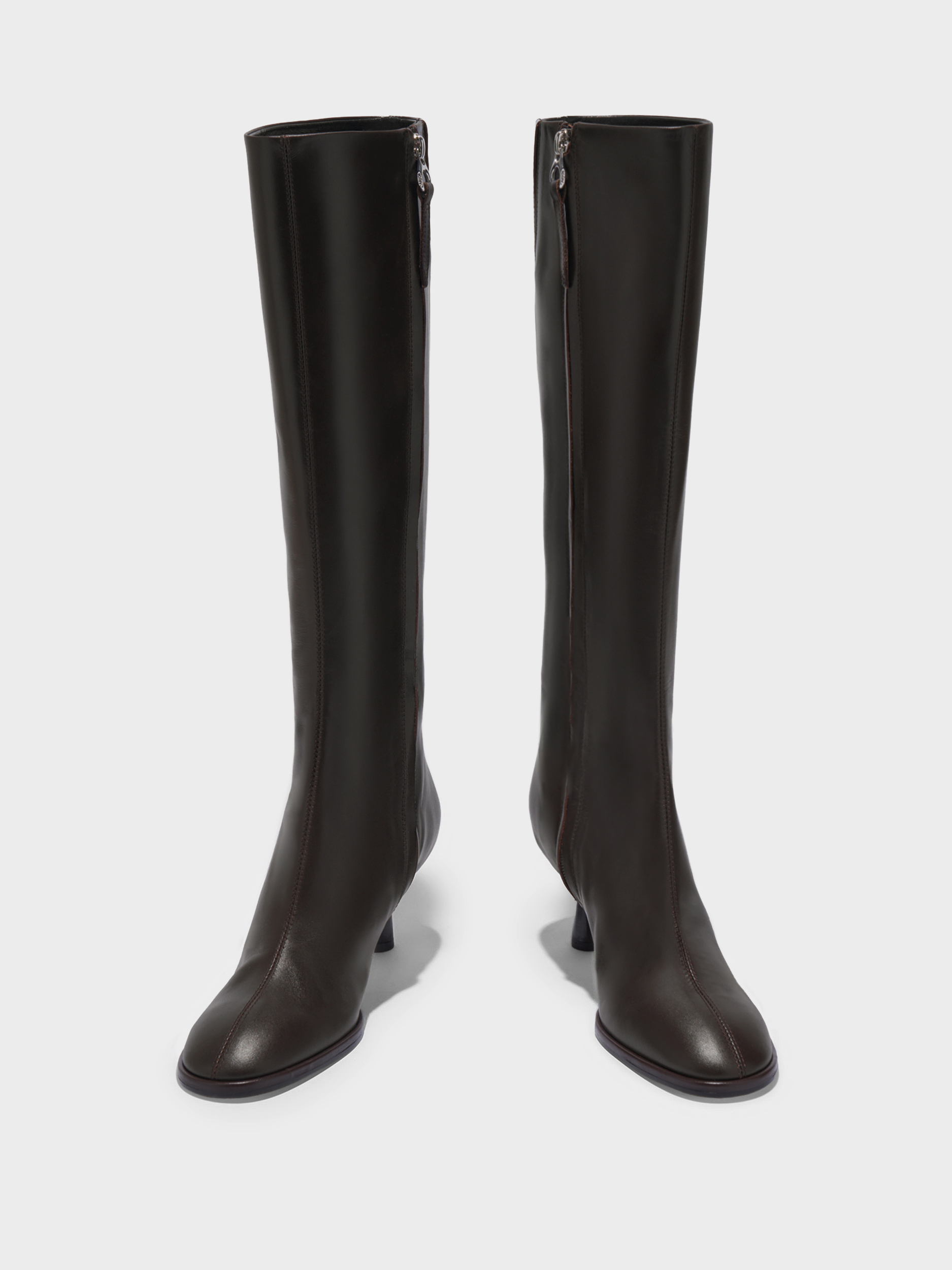 Aeyde | Catherine Knee-High Boots Leather Knee High Boots for Women | Moka Calf | Round Toe | Mid Heel | Front View
