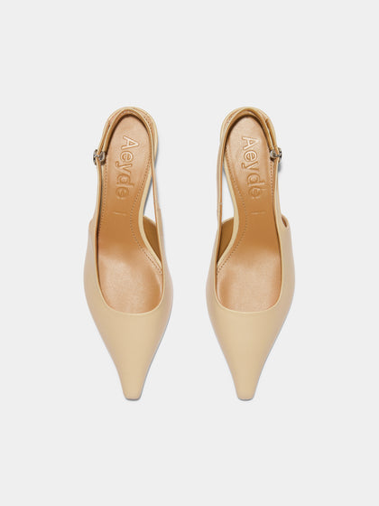 Aeyde | Catrina Leather Pumps for Women | Sand Nappa | Pointed Toe | Mid Heel | Front View