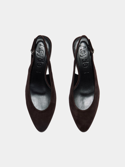 Aeyde | Celeste Leather Pumps for Women | Moka Suede |  | Mid Heel | Front View