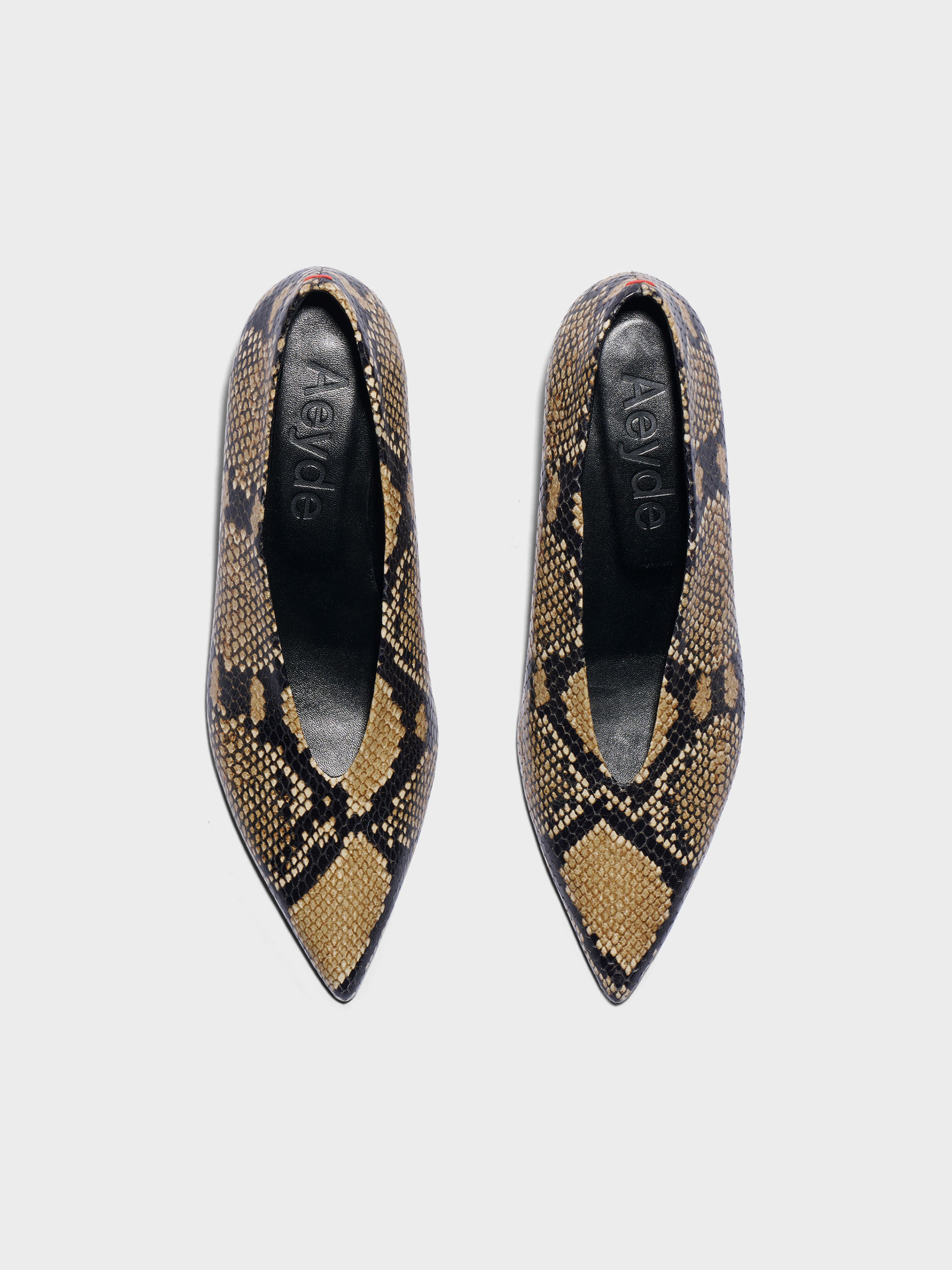Aeyde | Clara Pointed-Toe Pumps Leather Pumps for Women | Hazelnut Snake | Pointed Toe | Low Heel | Front View
