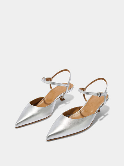 Aeyde | Colette Leather Pumps for Women | Silver Laminated Nappa | Pointed Toe | Mid Heel | Luxury Materials | Handmade in Italy