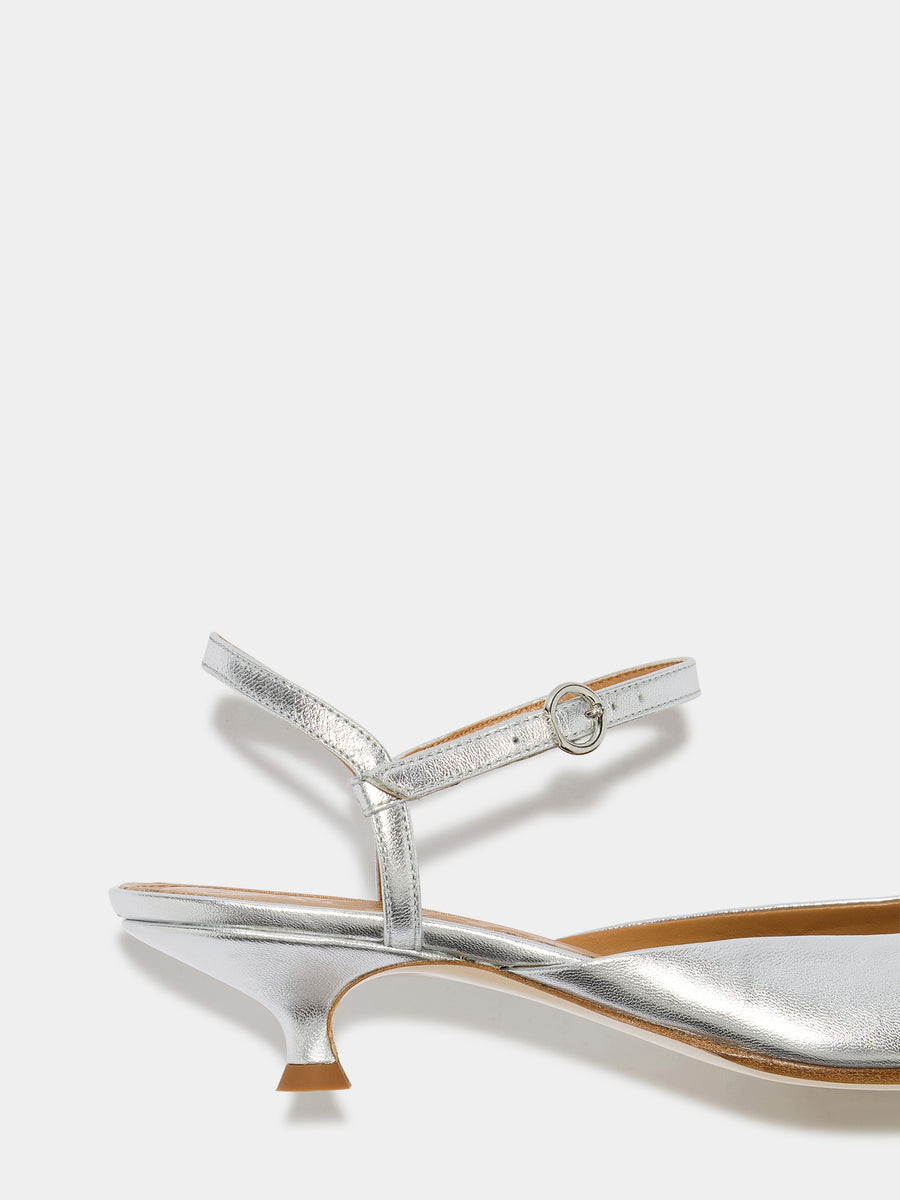 Aeyde | Colette Leather Pumps for Women | Silver Laminated Nappa | Pointed Toe | Mid Heel | Heel Details